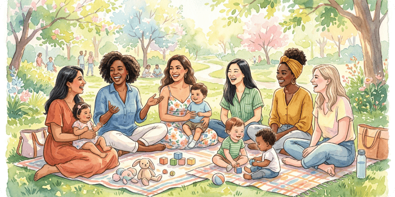Un grupo de madres con sus bebés reunidas en un parque, compartiendo un momento de conexión